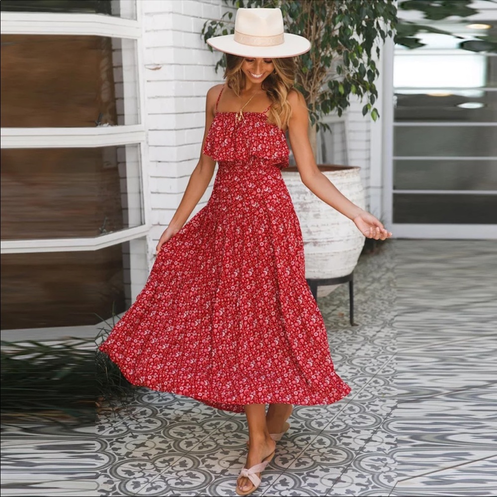 Ruffle Cami Boho Floral Gypsy Print Maxi Dress - Picture 3 of 16